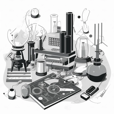 clipart of lab tools full of electronics, transistors, cables and microchips, black and white, rinpa school, emiliano ponzi, greyscales palette, white background