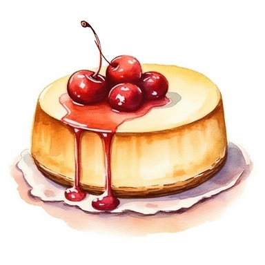 watercolor, hand drawn cheesecake in a bakery case clipart, hd, white background, spaced out--ar 3:2