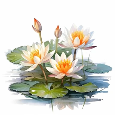 lotus flowers with orange blossoms floating on the water artistic watercolor with a delicate touch with shadow gradation white background clipart high quality 8k hyper detailed