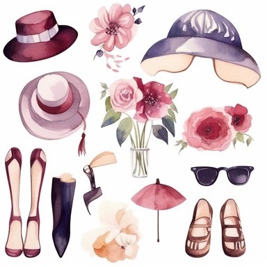 Hand-painted watercolor clipart set on white background featuring a trendy and universally appealing theme. This set captures the essence of a popular trend that resonates with a wide audience. It includes modern and stylish elements, such as fashionable accessories, iconic symbols, or popular motifs that are currently in vogue. The color palette is contemporary and eye-catching, incorporating trendy hues and tones. Created with artistic brushstrokes, reflecting the current trends and appealing 