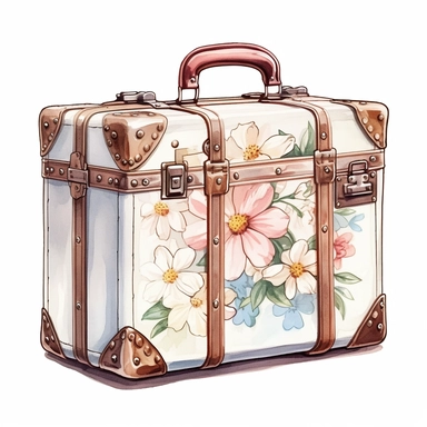 watercolor, hyper realistic, white background, white margins, 16k, ultra detailed clipart, cut out image, hand-drawn, whimsical manhwa style, ultra HD, sharp and clean art a vintage suitcase adorned with delicate floral , capturing the romantic and feminine aesthetics often associated with vintage fashion and travel. earthy brown pastel