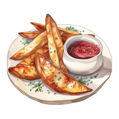 Watercolor detailed illustration ofPotato wedges served with dipping sauce on a plate, clipart, white background