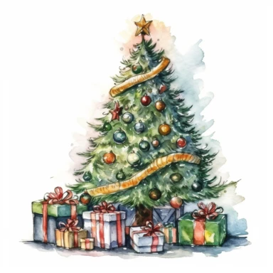 watercolor style, decorated christmas tree in the cozy living room clipart, isolated on white background, 4K