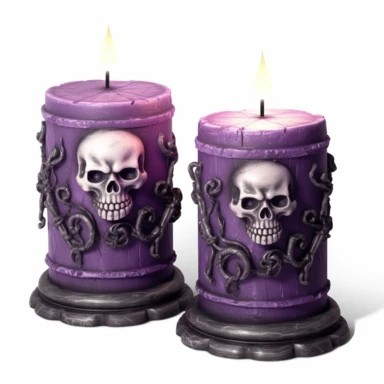 purple and black battery operated candles with Halloween skull clipart on white background