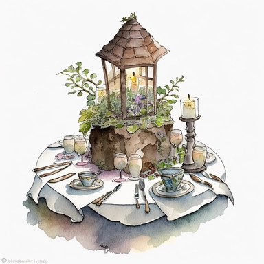 A hyper - detailed illustration watercolor clipart of a whimsical dining table of a fairy house built out of natural materials by a human, delicious fairy style dinner, table cloth and candle glass watercolor illustration, illustration style a combination of Beatrix Potter and Tove Jansson, isolated on white background with margins, cut - out images, zoom on table , close up view from table top