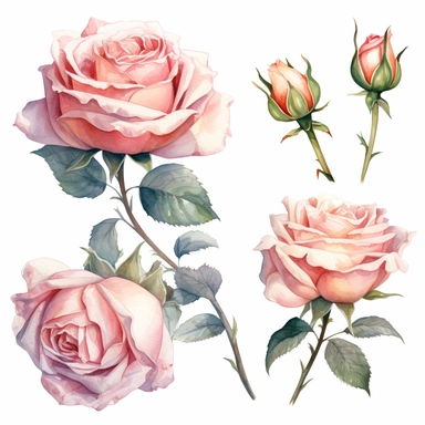 Artistic illustrations of watercolor roses, showcasing different angles and perspectives. clipart. watercolor. outlined. white background