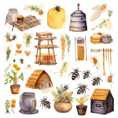 Watercolor boho backyard beekeeping, illustrations clipart set, simple, soft colors, cartoon elements, different variants, beekeeping related items, beehives, beecomb, bees separate elements with a margin