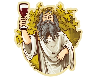 Sticker Clip Art of Sticker Clip Art of Dionysos thick God of Wine and Food, Greek Temple, mystical ancient greece background, fiest, agora, recognisable features, children friendly, illustrated in a playful style with a friendly expression, perfect for any special occasion, cut out in the shape of Dionysos, with no visible background, giving it the appearance of a high quality sticker, conveying a mystical and whimsical mood, edited with Adobe Photoshop to adjust brightness and contrast, render