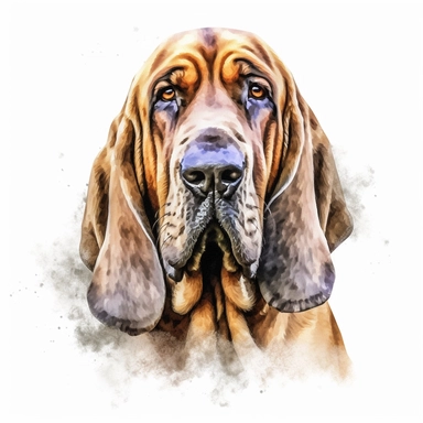 bloodhound watercolour paintingsitting realistic yet stylized, digitally enhanced, clipart, 32k uhd, detailed crosshatching white background