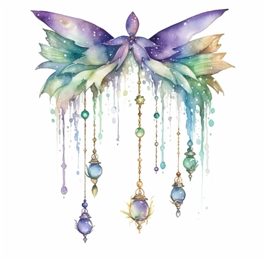 cartoon fairy arc, star dangles , glowing lights and sparkles, colors of green purple gold and blue, glamorous realistic and detailed, watercolor, white background with margins, clipart style