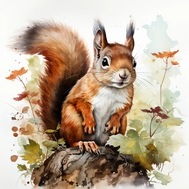 hyperrealistic ultra detailed watercolor clipart, woodland squirrel scenery like in a children's book, white background, in the style of digital print, clipart, illustration, sticker, ultra high definition, rich details, 32K, HD