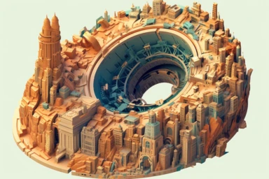 a close up of a infinite loop open pit mine on a white background, james gilleard and james jean, escher, trending on artisation, connectedness, scutoid, mit technology review, by Sam Spratt, dan mcpharlin : : ornate, wormholes, tetris, monolithic, stylized stl, clipart icon, simple 4 colors from gray to metalic blue, vector-based, sharp border, plane color and very define, high quality, digital art, 8k resolution, masterpiece, congruent, amazing, incredible, awe-inspiring, mind-blowing, masterf
