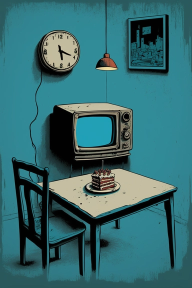 Stunning art of room landscape, happy birthday cake, minimalism, bright colors, old antique tv , walls , clock, table , chair , clip art, blue brown black and white color