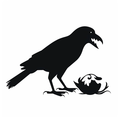 black and white silhouette of a halloween bird eating a dead animal, clipart style, white background, thick lines, vector, simple design, flat colour, solid colour