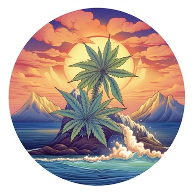 a sticker, artwork of t shirt graphic of majestic Hemp big leaf in digital painting style , beautiful flowers, sunset mountains and clouds , big sea waves, water splashes, white background, colorful fantasy sorround, highly detailed clean, vector image, photorealistic masterpiece, professional photography, realistic, flat white background, isometric, vibrant vector, clipart, illustration, realism, 4k, , cinematic, front view, white background,