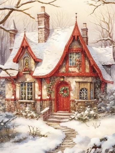 stunning red fairytale Christmas cottage in snow , beautiful Christmas clipart, soft faded colors, beautiful watercolor art by Marjolein Bastin, Thomas Kinkade, Carl Larsson, Norman Rockwell, Susan Wheeler