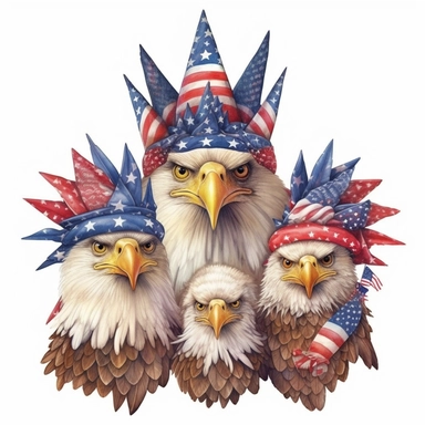 digital clipart, solid white background, a realistic family of stellers sea patriotic eagle wearing 4th July apparel