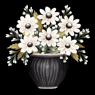 Design a dreamy watercolor clipart of a Bouquet of white and black flowers arranged in a Terracotta Cup composition, hand-painted with soft and graceful brushstrokes. Draw inspiration from the artistic finesse of Ethereal Petals Watercolors for a refined and ethereal depiction. isolated on a white background, hand-drawn illustration, hand-painted watercolor texture, 16k UHD resolution, intricately detailed, sharp focal points, designed by Ana Victoria Calderon and Holly Exley, i can't believe ho