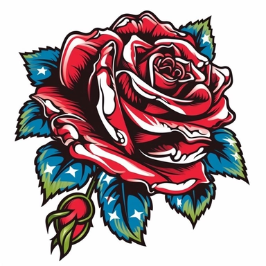 a patriotic rose in vivid colors rendered on a pure white background, tatto art style, vector, clipart, isolated, .75 gutter,