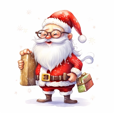 santa smile and cute big eyes wear big glasses fat full body , hold gift bag , cute funny laugh detailed digital art, whimsical and cute, cute detailed artwork, glimmering, adorable and whimsical, whimsical art, watercolor Clipart style