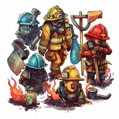 firefighter firemen elements firefighter hat mask axe waterholes cartoon clipart vector hand drawn water painting