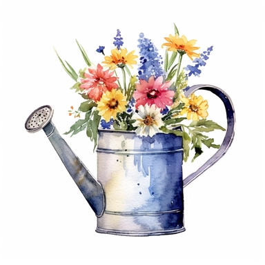 clipart style painted watering cans, vintage, oil paint of flowers, plain white background