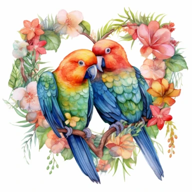 watercolor clipart, two Lovebird Parrots in love with tropical gardens, sweet hearts around, watercolor sublimation design, Sublimation Clipart, hyper realistic, intricate detail, illustration style, isolated on white background for removing background, Super-Resolution, Megapixel