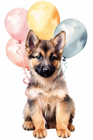 cute baby german shepherd with ballons, unique, clipart, adorable, watercolor, realistic, 8k, high quality, no background