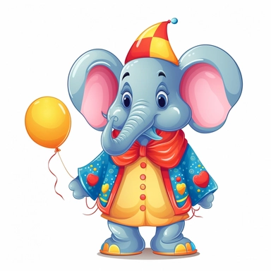 funny cute elephant in a Clown Costume, cartoon clipart, isolated white background, 32k