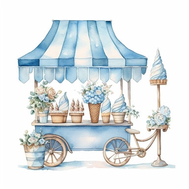 Watercolor wedding icecream blue stand, wedding clipart, simple, soft colors, cartoon elements, watercolor boho style, white transparent