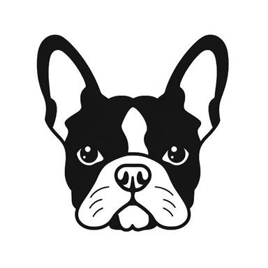 Simple outline of a front facing French Bulldog head, kids cartoon, minimalist, black on white, lineart, 2d flat file, silhouette, clipart, svg