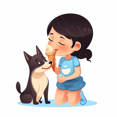 light skin toddler girl with black hair and blue dress licking an ice cream cone with a light-brown furred canaan dog drawn in children's book style clipart