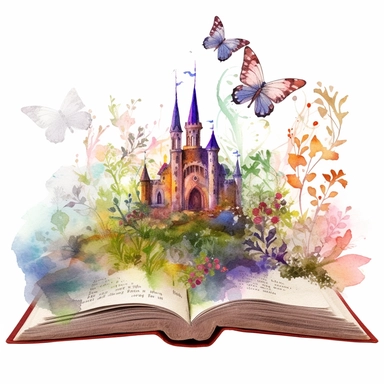 watercolor clipart with an open vintage book, fairytale landscape above with a castle, flowers, greenery, butterflies or birds, no background