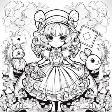 please create a black and white colouring page for kids of alice in wonderland theme in chibi, anime, mangaka, kawaii style drawing, vector, clipart, black ink only, on white background, no shading