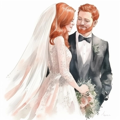 realistically detailed watercolor clipart of a beautiful smiling bride with red hair and with a beautifully detailed glittering couture dress and a long veil and a handsome groom, solid white background, clean sharp focus