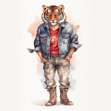 watercolour of A Tiger wearing Red and black flannel shirt, distressed denim shorts, denim jacket with patches and pins, red bandana, brown leather work boots, clipart, colourful, pastel, 4k, single sheet, realistic, medium shot