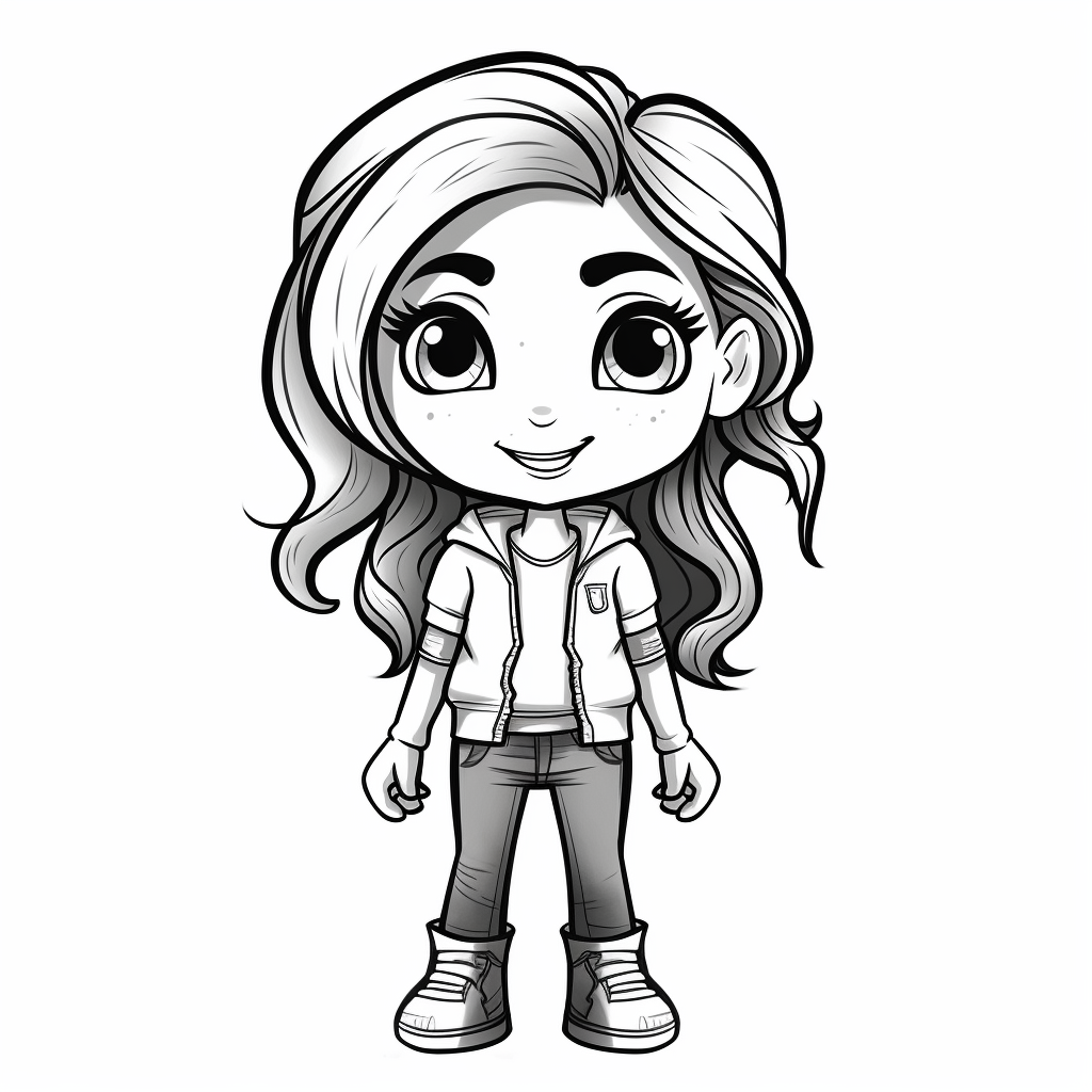 girl doll style smiling, black contour thin lines, arms crossed, jeans ...