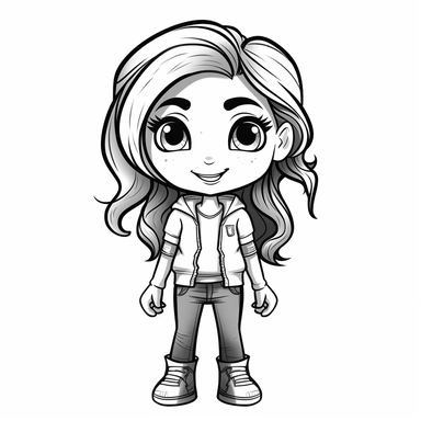girl doll style smiling, black contour thin lines, arms crossed, jeans, sneakers, long disheveled hair, cartoon clip art, cute eyes, illustration for kids, disney