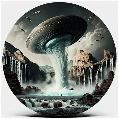 High definition disk shaped ufo crash landed on waterfall clipart
