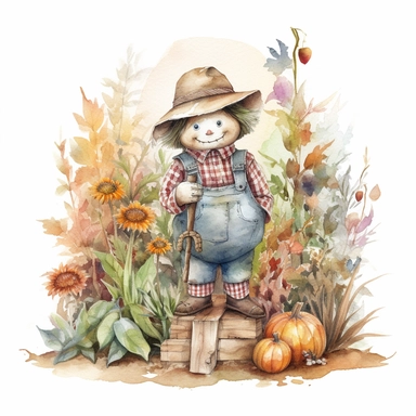 watercolour small garden with a cute scarecrow, clipart on white background, no watermark, highly detailed, professional color gradation, clean sharpness