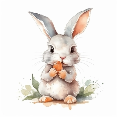 Cute adorable baby bunny munching on a carrot with delight drawn with watercolors, childbook illustration style, clipart with white background