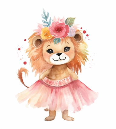 cute lion isolated clipart on white, in the style of whimsical watercolors, colorful costumes, light pink and dark brown, carnivalcore, kushan empire, animated gifs, extravagant table settings