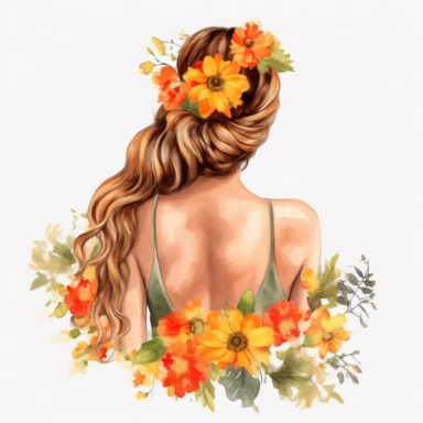 watercolor A woman's face, full body, back view White fabric leaves flowers Marigolds decorate hair, wedding dress with flowers Marigolds and leaves adorning her hair. hair up with flowers Marigolds vividly bold designs png Full body realistic cartoon in 32K UHD cute. 15 cm thick outline. . There was no shadow on the ground. 8k with realistic watercolors. and detailed illustrations. PNG clipart, transparent white background