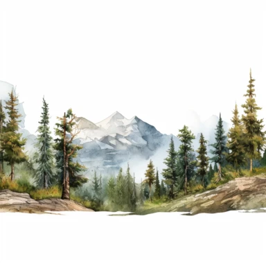 Watercolor wide mountain scene with trees, beautiful details, ultra detailed, ultra photo real intricate detailed, high definition, graphic clipart, hyper realistic, detailed, white background