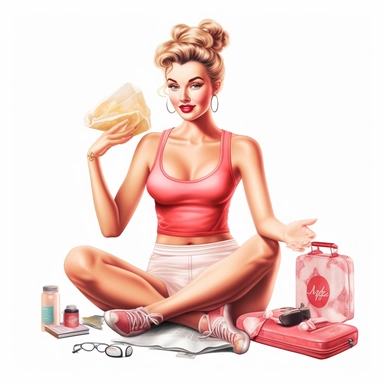 beautiful pretty pin up woman, makeup and hair 50's style, diferent yoga poses,with gym clothes and gym stuff 50's style, paint art style, detail, clipart, white background, superrealistic, one of a kind