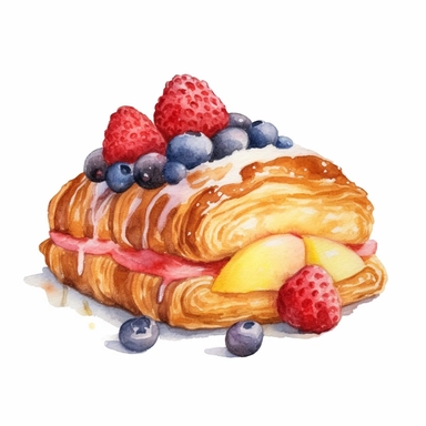 Danish pastry with fruit filling, watercolor illustration, clipart, sublimation, white background