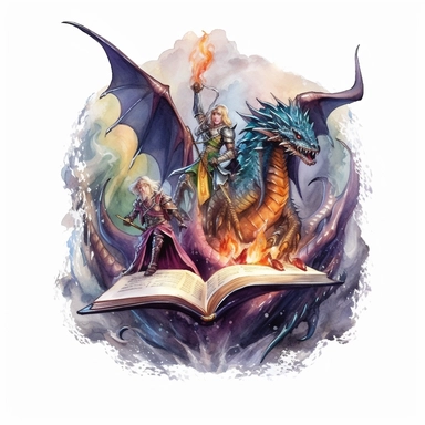 Fantasy book with Dragon Riders: Bonding with majestic dragons to defend realms and conquer evil, watercolor, clipart, white background