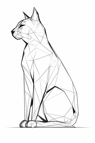 cat sitting in profile, thin line silhouette outline simple one line sketch, vector logo clipart, leonardo da vinci style, white background,