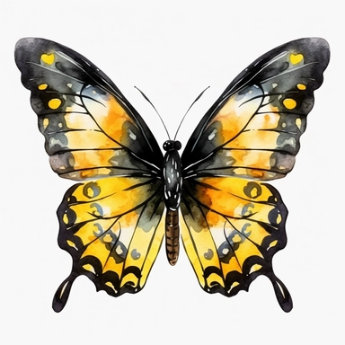 black and yellow butterly clipart, watercolor style, white isolated background, 4k, hdr
