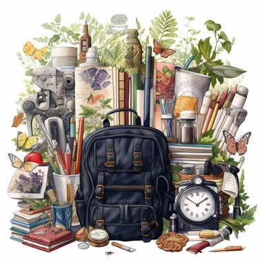 stationery, books, notebooks, pencils, backpacks, folders, globes, computers, and many more, illustrations, clipart, meticulously hand-illustrated, bringing the beauty of nature, white background